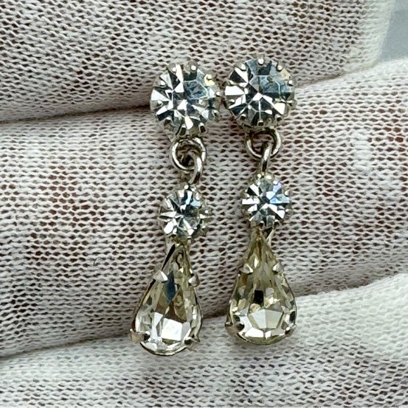 Elegant 14K Gold Post CZ Drop Earrings Silver Tone Bridal Style